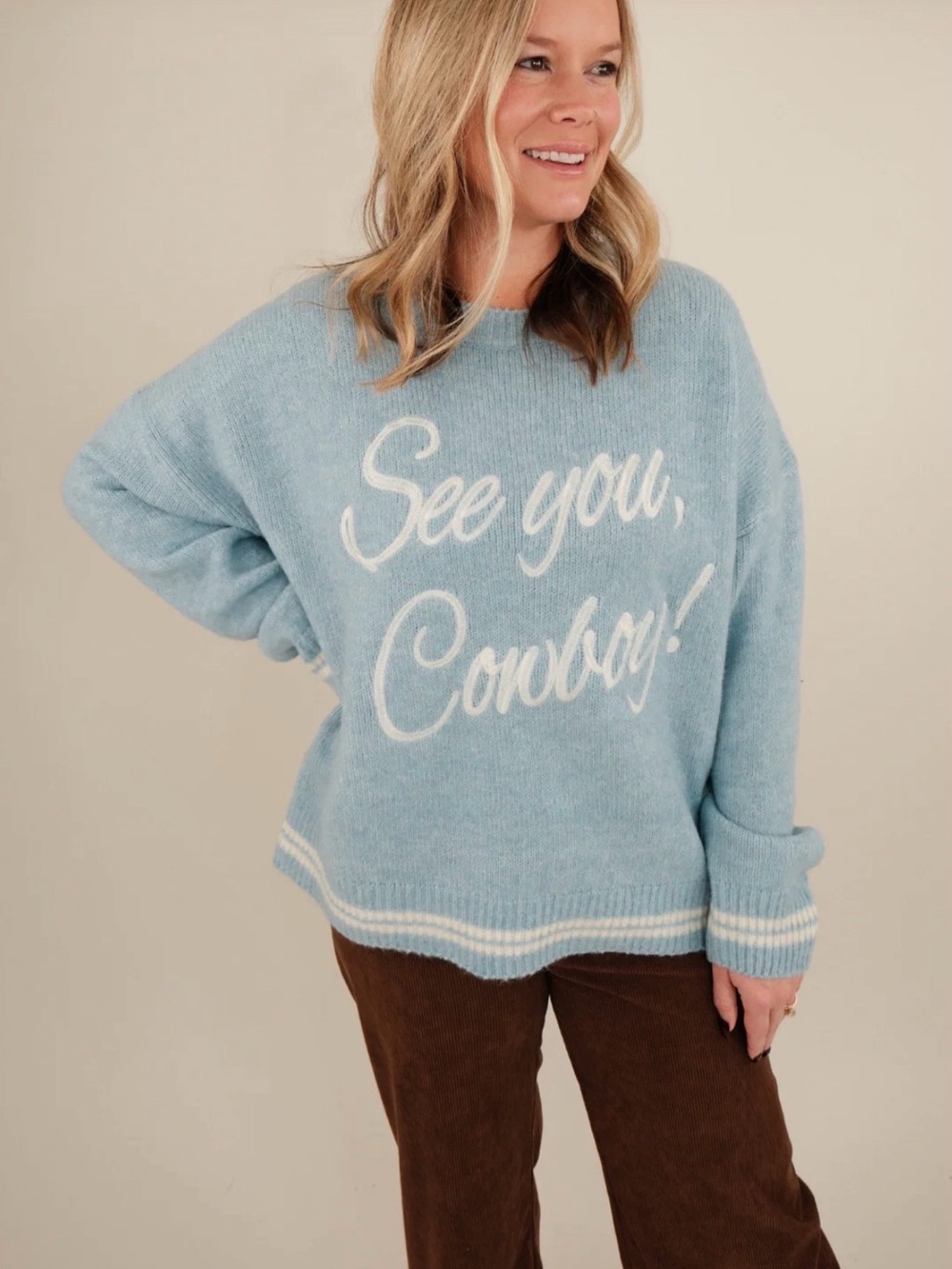 Bailey Rose Baby Blue Crewneck Super Soft Sweater with White Script